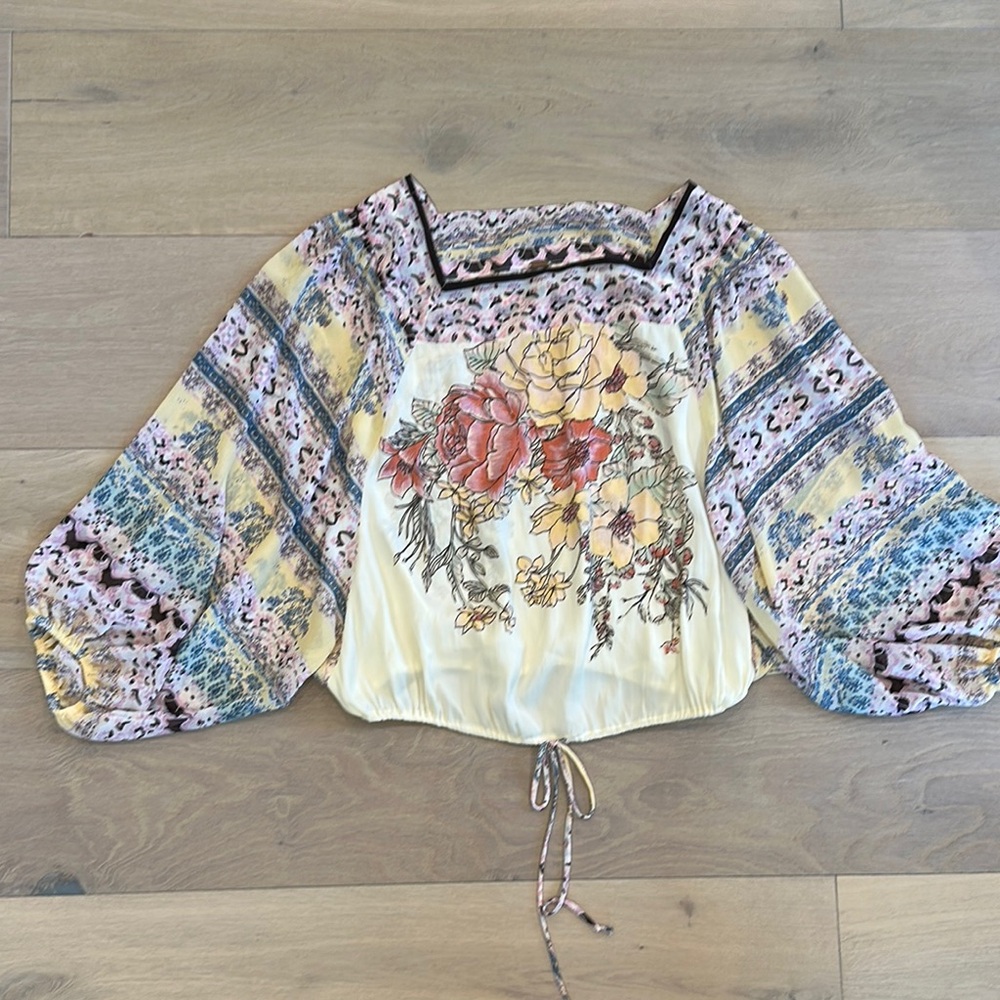 Free People Cream Blouse with Bell Sleeves and Tie Front